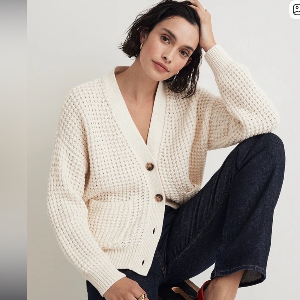 Madewell Ivory Waffle-Knit Button Cardigan
